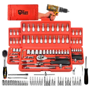 Jogo De Soquete Aço Crv 1/4 Catraca Chave Allen Kit Ferramentas C/ Maleta 46 Peças Fenda Philips Tks46 The Black Tools